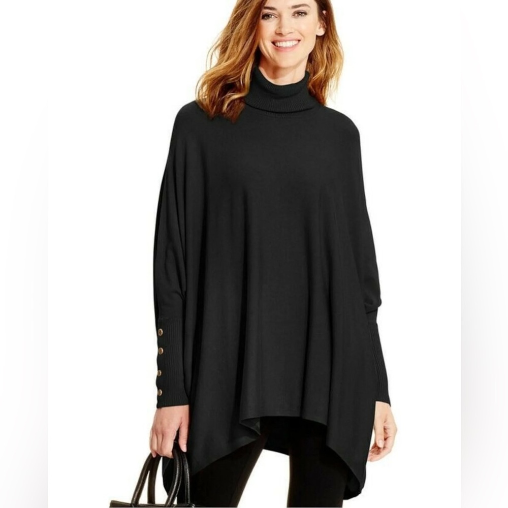 NWT Alfani Black Poncho Sweater Draped Minimalist Chic Layering Top Button Cuffs